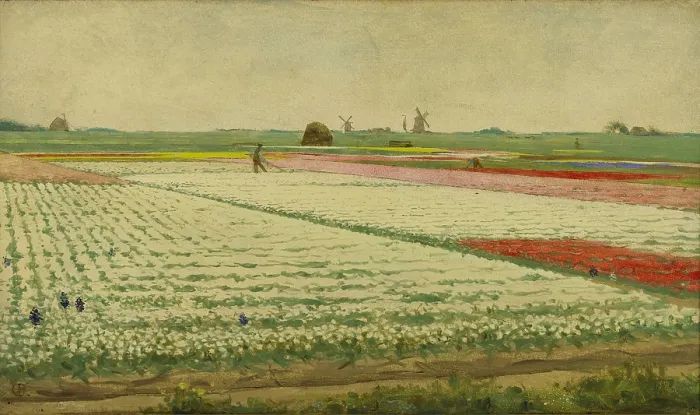 Framed Print : Tulpenvelden (Tulip Field), by Gerrit Willem Dijsselhof, c. 1890-1922, Dutch painting, oil on panel. View of flowering tulip fields with workers Framed Print : Tulpenvelden (Tulip Field), by Gerrit Willem Dijsselhof, c. 1890-1922, Dutch painting, oil on panel. View of flowering tulip fields with workers