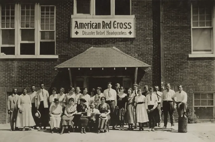 Framed Print : Tulsa Oklahoma Race Riot of 1921. African American and White relief workers in front of Red Cross Disaster Relief Headquarters