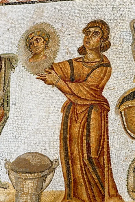 Framed Print : TUNISIA. Carthage. Mosaic depicting the Toilet of Venus from Byrsa Hill. Carthage Museum. Roman mosaic. Roman art. Early Empire
