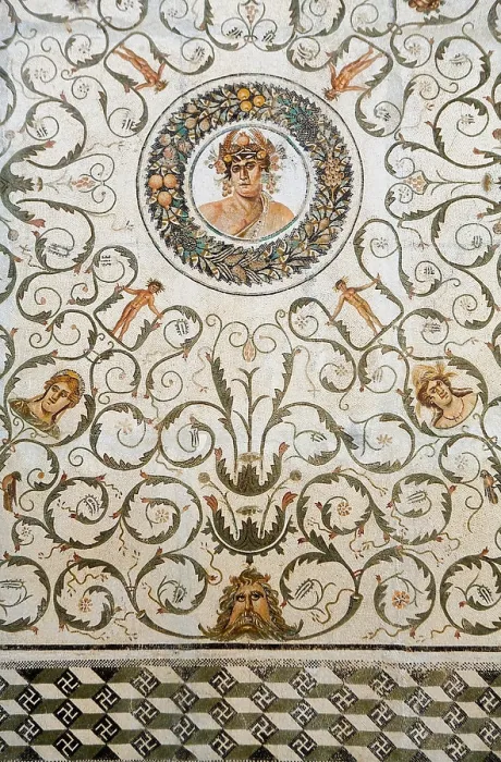 Framed Print : TUNISIA. El Djem. House of the Dionysian Procession. Mosaic depicting Genius of the Year, Saturn. Archeological Museum. Roman art. Late Empire
