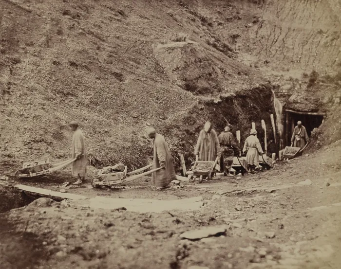 Framed Print : Turkestani workers hauling coal from an underground mine extracting coal close to the surface with pre-industrial methods used since ancient times Framed Print : Turkestani workers hauling coal from an underground mine extracting coal close to the surface with pre-industrial methods used since ancient times