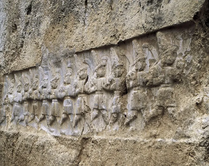 Framed Print : TURKEY. Bogazkale. Hattusa. Cave sanctuary of Yazilikaya. Rupestrian sanctuary of Yazilikaya (13th-14th BC). Relief with soldiers. Hittite art. Relief on rock Framed Print : TURKEY. Bogazkale. Hattusa. Cave sanctuary of Yazilikaya. Rupestrian sanctuary of Yazilikaya (13th-14th BC). Relief with soldiers. Hittite art. Relief on rock