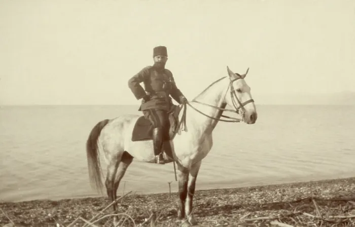 Framed Print : Turkish commander Cemal Pasha, on the shore of the Dead Sea, May 3, 1915. He led the Ottoman Empire army against British forces in Egypt during WW1. (BSLOC_2013_1_57)