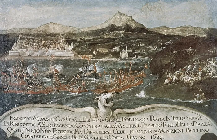 Framed Print : Turkish-Venetian Wars. War of Candia or Cretan War (1645-1669). The venetian fleet commanded by Doge Francesco Morosini, conquer the fortress of Cisme to the Turks in June 1659