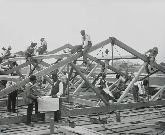 Framed Print : Tuskegee Institute students constructing a roof in 1902
