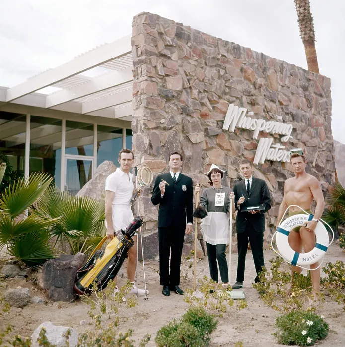 Framed Print : TV stars and owners of the Whispering Waters motor hotel in Palm Springs, California, from left: Dennis Weaver of GUNSMOKE, Hugh O'Brian of WYATT EARP Framed Print : TV stars and owners of the Whispering Waters motor hotel in Palm Springs, California, from left: Dennis Weaver of GUNSMOKE, Hugh O'Brian of WYATT EARP