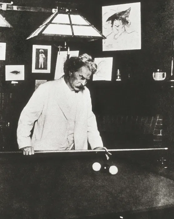 Framed Print : TWAIN, Samuel Langhorne Clemens, also called Mark (1835-1910). Portrait of the writer Mark Twain playing pool. AISA / Everett Collection**US SALES ONLY**