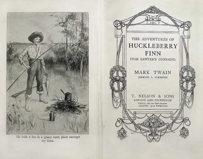 Framed Print : TWAIN, Samuel Langhorne Clemens, also called Mark (1835-1910). Front page from the work by Mark Twain 'The Adventures of Huckleberry Finn' Framed Print : TWAIN, Samuel Langhorne Clemens, also called Mark (1835-1910). Front page from the work by Mark Twain 'The Adventures of Huckleberry Finn'