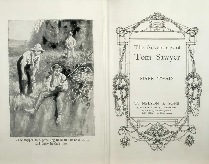 Framed Print : TWAIN, Samuel Langhorne Clemens, also called Mark (1835-1910). Cover of Mark Twain's work 'The Adventure of Tom Sawyer', published in London. Engraving. SPAIN