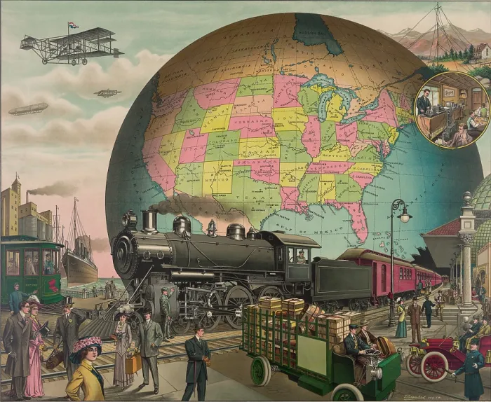 Framed Print : TWENTIETH CENTURY TRANSPORTATION. 1910 print illustrates the most advanced modes of transportation and communications with a map of the United States. LC-DIG-pga-01017 Framed Print : TWENTIETH CENTURY TRANSPORTATION. 1910 print illustrates the most advanced modes of transportation and communications with a map of the United States. LC-DIG-pga-01017