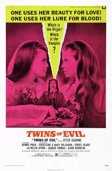 Framed Print : TWINS OF EVIL, (aka TWINS OF DRACULA), US poster art, from left: Madeleine Collinson, Damien Thomas, Mary Collinson, 1971