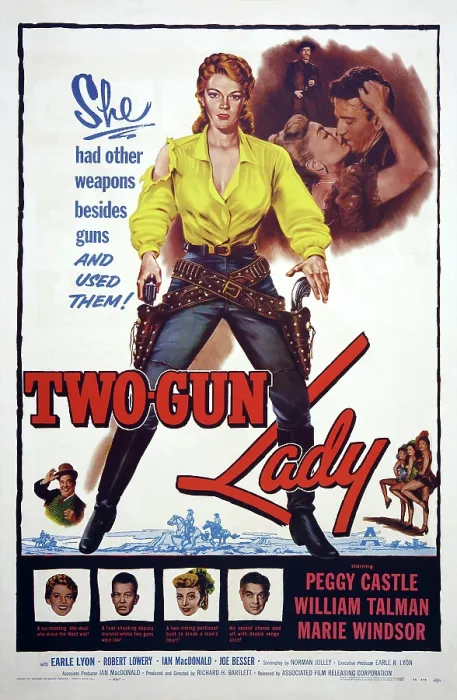 Framed Print : TWO-GUN LADY, top l-r: Peggie Castle, William Talman, bottom l-r: Joe Besser, Peggie Castle, William Talman, Marie Windsor, Robert Lowery on poster art, 1955