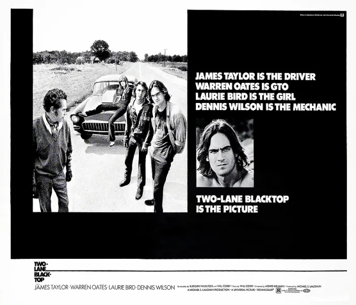 Framed Print : TWO-LANE BLACKTOP, inset left: Warren Oates, Laurie Bird, Dennis Wilson, James Taylor, far right: James Taylor, 1971 Framed Print : TWO-LANE BLACKTOP, inset left: Warren Oates, Laurie Bird, Dennis Wilson, James Taylor, far right: James Taylor, 1971