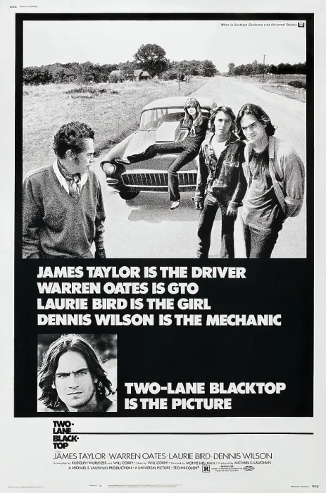 Framed Print : TWO-LANE BLACKTOP, US poster, from left: Warren Oates, Laurie Bird, Dennis Wilson, James Taylor, bottom left inset: James Taylor, 1971