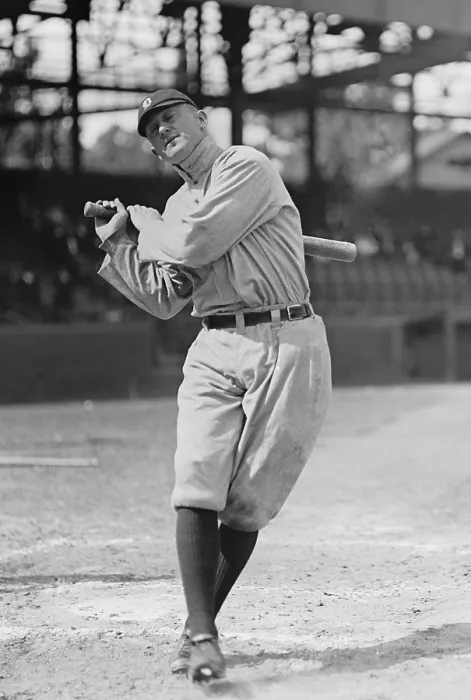 Framed Print : Ty Cobb in a 1913 batting photo taken in Washington, DC. His nickname, The Georgia Peach belied his mercurial temperament (BSLOC_2018_3_145)