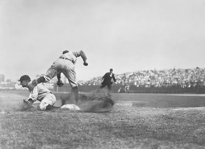 Framed Print : Ty Cobb steals third base and slides into Jimmy Austin, July 23, 1910. One writer noted that Cobbs speed and daring made him the terror of the opposing infield (BSLOC_2018_3_142)