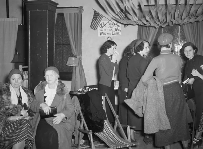 Framed Print : UAW Ladies Auxiliary supported the strike against GM. Jan.-Feb. 1937. Wives and sweethearts of strikers at their headquarters during the Sit-down Strike in Flint, Michigan