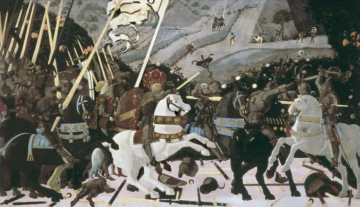 Framed Print : UCCELLO, Paolo di Dono, also called Paolo (1393-1475). Niccolo Mauruzi de Tolentino at the Battle of San Romano. 1450. Battle between Florence and Siena (1432). Renaissance art