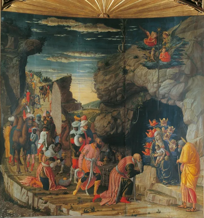 Framed Print : Uffizi Triptych. Adoration of the Magi, by Andrea Mantegna, 1462 about, 15th Century, tempera on panel, cm 76 x 76, 5 - Italy, Tuscany, Florence, Uffizi Gallery