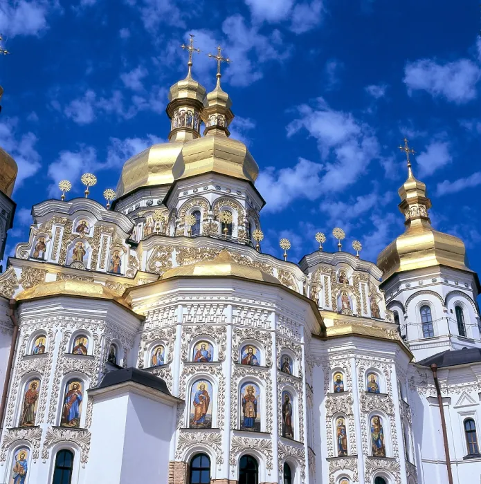 Framed Print : UKRAINE. Kiev. Kiev Monastery of the Caves (Pecherska Lavra). Gate Church of the Trinity (1106-1108). Cathedral of the Dormition (Uspensky Sobor), 1073-1078. Rebuilt in 1998-2000