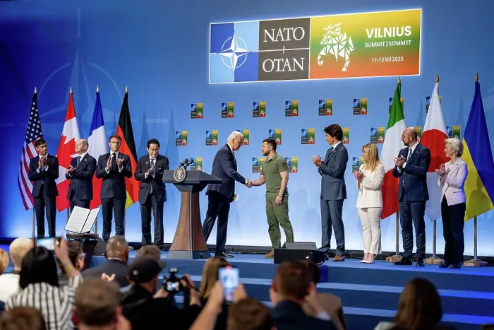 Framed Print : Ukrainian President Volodymyr Zelenskyy receives applause at a meeting of the NATO-Ukraine Council, July 12, 2023