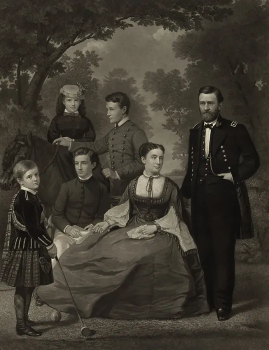 Framed Print : Ulysses S. Grant with his family when he was running for president in 1868. Left to right are: children Jesse, Nellie, Buck, and Fredrick, wife Julia, and General Grant