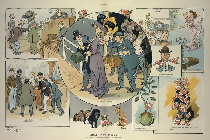 Framed Print : UNCLE SAM'S INCOME a April 21 1909 cartoon suggesting various taxes on wealth activities marriage and divorce dogs etc