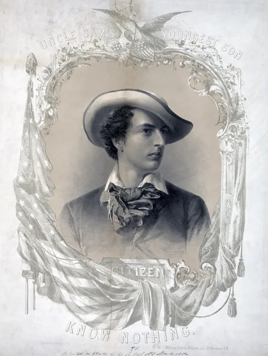 Framed Print : Uncle Sam's youngest son, Citizen Know Nothing. A portrait of a young man representing the nativist ideal of the Know Nothing party. 1854 Framed Print : Uncle Sam's youngest son, Citizen Know Nothing. A portrait of a young man representing the nativist ideal of the Know Nothing party. 1854