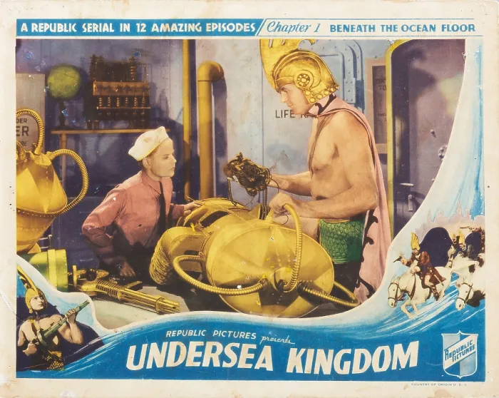 Framed Print : UNDERSEA KINGDOM, chapter 1: Beneath the Ocean Floor, lobbycard, from left, Lee Van Atta, Ray Corrigan, (aka Crash Corrigan), 1936