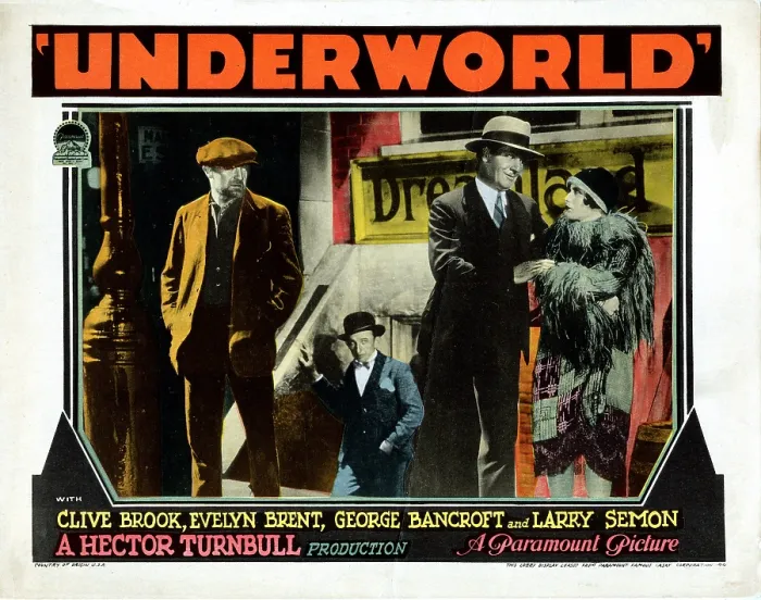 Framed Print : UNDERWORLD, US lobbycard, Clive Brook, Larry Semon, George Bancroft, Evelyn Brent, 1927, gangsters