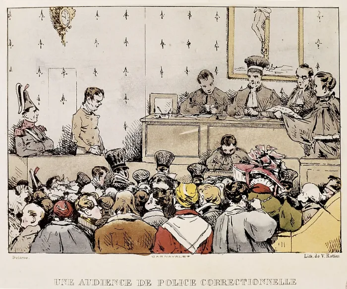 Framed Print : Une audience de police correcctionnelle. Illustration by Delarye. Printed by Victor Ratier circa 1830. Paris. Litography