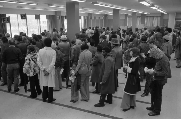 Framed Print : The unemployed and foodstamp applicants wait in long lines at the Baltimore City Welfare Office Maryland. Jan 28 1975 Framed Print : The unemployed and foodstamp applicants wait in long lines at the Baltimore City Welfare Office Maryland. Jan 28 1975