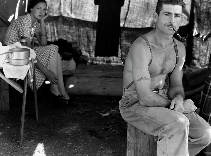 Framed Print : An unemployed lumber worker goes with his wife to a bean harvest, note the social security number tattooed on his arm, Oregon, photograph by Dorothea Lange, August, 1939