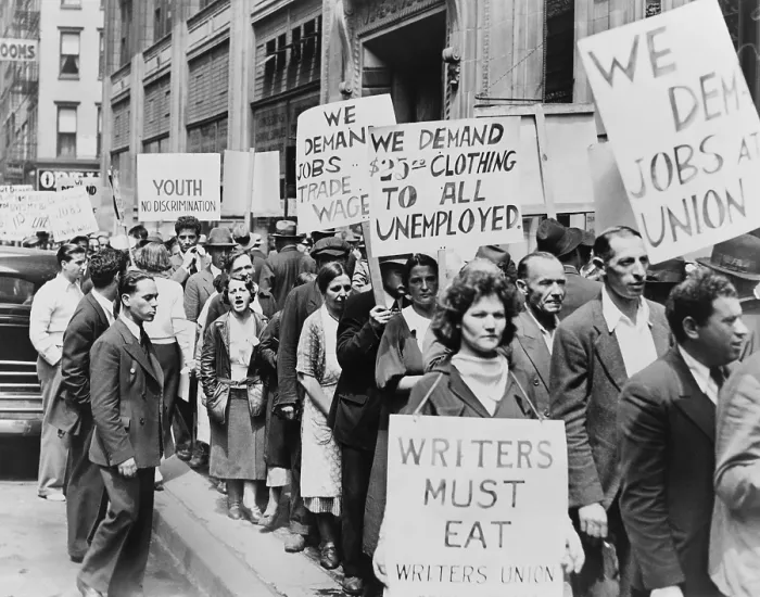 Framed Print : Unemployed New Yorkers demonstrate with signs in front of Emergency Relief Building in 1935. Signs demand clothing, pay at union wages, and jobs for youths Framed Print : Unemployed New Yorkers demonstrate with signs in front of Emergency Relief Building in 1935. Signs demand clothing, pay at union wages, and jobs for youths
