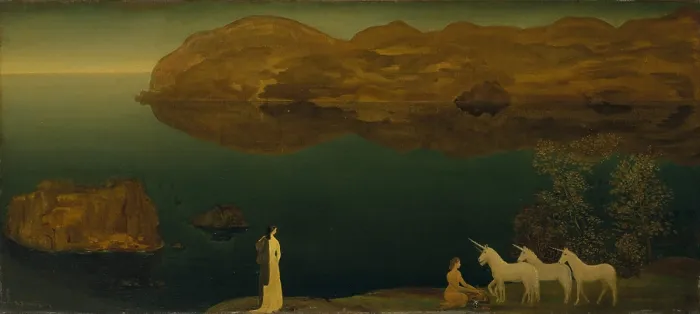 Framed Print : UNICORN (LEGEND-SEA CALM), by Arthur B. Davies, 1906, American painting, oil on canvas