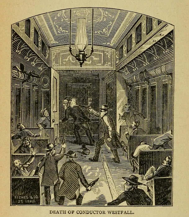 Framed Print : Unidentified masked robbers, suspected to be the James gang, robbed a passenger train at Winston, Missouri on July 15, 1881