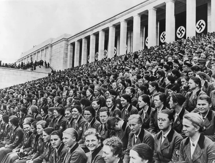 Framed Print : Uniformed young women with Nazi insignia in the Zeppelin Grandstand at Nuremberg. The stadium was on the Nazi Party Rally Grounds designed by Hitler's architect, Albert Speer