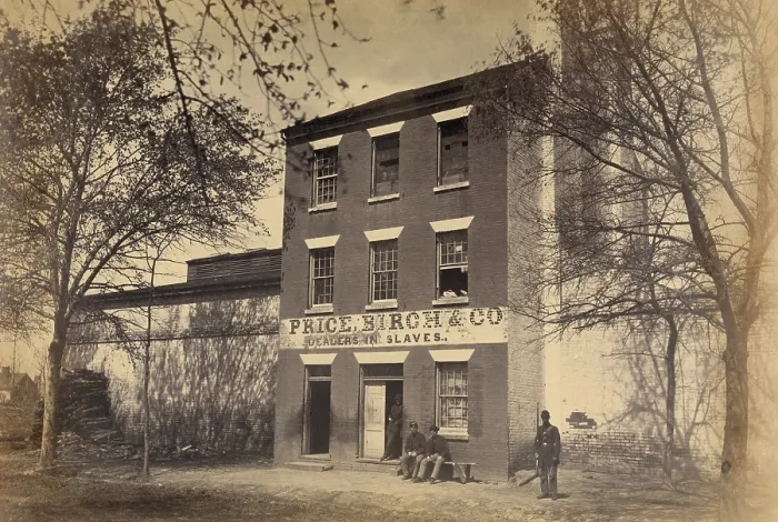 Framed Print : Union army guard and other men in front of a building designated Price, Birch & Co. Dealers in Slaves, in Alexandria, Virginia. Ca. 1863 Framed Print : Union army guard and other men in front of a building designated Price, Birch & Co. Dealers in Slaves, in Alexandria, Virginia. Ca. 1863