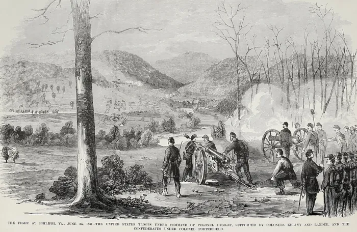 Framed Print : Union battery preparing to open fire on the town of Philippi, Virginia