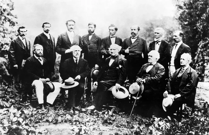 Framed Print : Union and Confederate Leaders, Standing L-R: Generals John W. Geary, John S. Magruder, Robert D. Lilly, Lew Wallace, P.G. Beauregard, Henry A. Wise, Joseph L