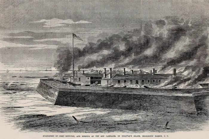 Framed Print : The Union garrison evacuated Fort Moultrie, leaving spiked guns and burning gun carriages on Dec. 26, 1860 Framed Print : The Union garrison evacuated Fort Moultrie, leaving spiked guns and burning gun carriages on Dec. 26, 1860
