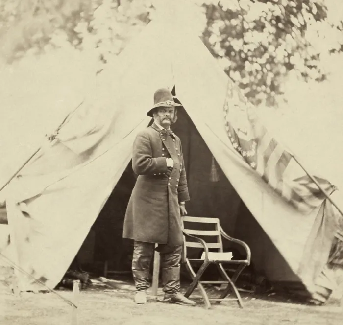 Framed Print : Union General Ambrose E. Burnside photographed in front of a tent while in the field