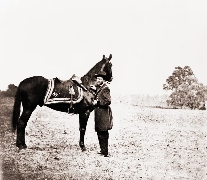 Framed Print : Union general Ulysses S. Grant (1822-1885), standing alongside his war horse, Cincinnati. June 4, 1864