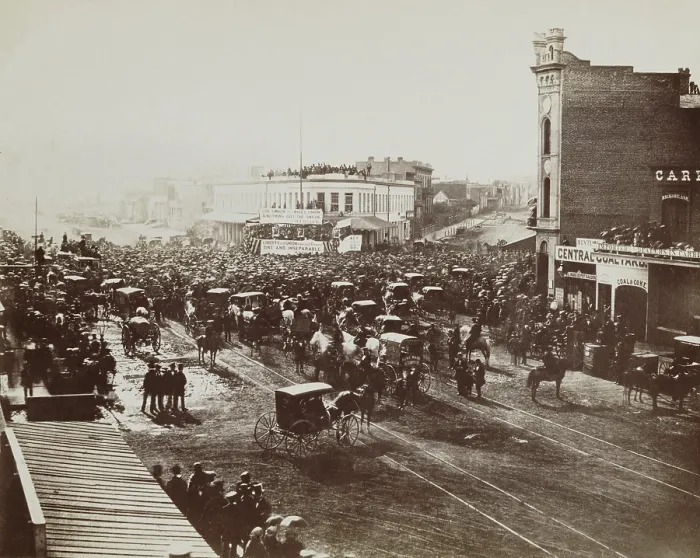 Framed Print : Union mass meeting in San Francisco, California, in support of the federal government, Feb. 22, 1861. Crowd gathers at the speaker's platform at Post and Montgomery Streets