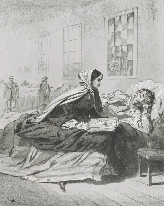 Framed Print : Union nurse writing a letter for a wounded Army of the Potomac soldier in a hospital bed. Print after a drawing by Winslow Homer, 1863 (BSLOC_2019_2_67)