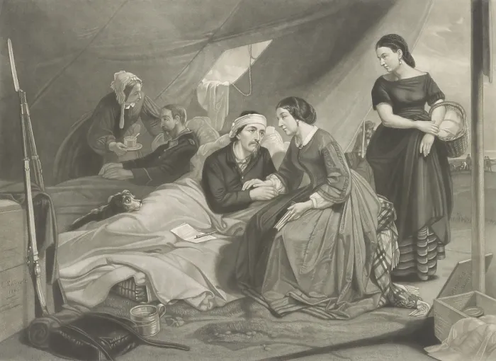 Framed Print : Union nurses attending to wounded soldiers in a field hospital tent during the US Civil War. 1865 engraving by painting after Christian Schussele (BSLOC_2019_2_66) Framed Print : Union nurses attending to wounded soldiers in a field hospital tent during the US Civil War. 1865 engraving by painting after Christian Schussele (BSLOC_2019_2_66)