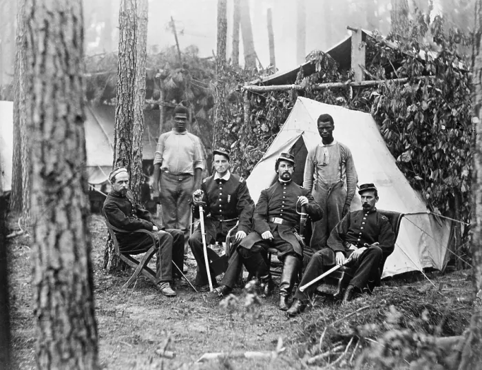 Framed Print : Four union officers in front of tent, with two Africans-American during the Petersburg Campaign of the last year of the war Framed Print : Four union officers in front of tent, with two Africans-American during the Petersburg Campaign of the last year of the war