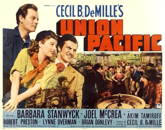 Framed Print : UNION PACIFIC, from left: Joel McCrea, Barbara Stanwyck, Robert Preston, 1939