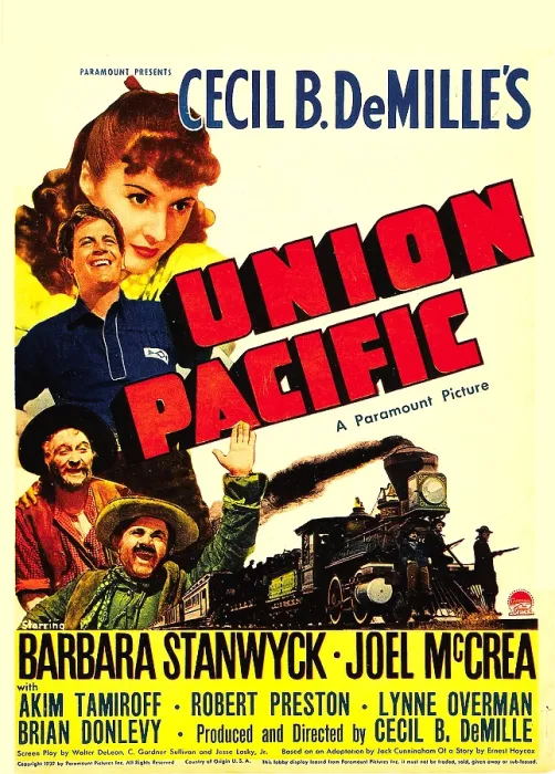 Framed Print : UNION PACIFIC, from top: Barbara Stanwyck, Joel McCrea, Lynne Overman, Akim Tamiroff on midget window card, 1939