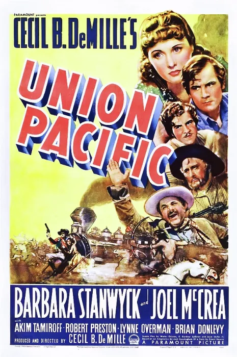 Framed Print : UNION PACIFIC, from top: Barbara Stanwyck, Joel McCrea, Robert Preston, Lynne Overman, Akim Tamiroff, 1939